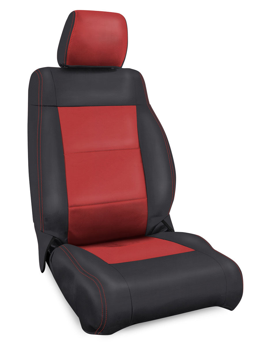 Front Seat Covers for '11–'12 Jeep Wrangler JK, 2 door or 4 door (Pair) - Black with Red Stitching