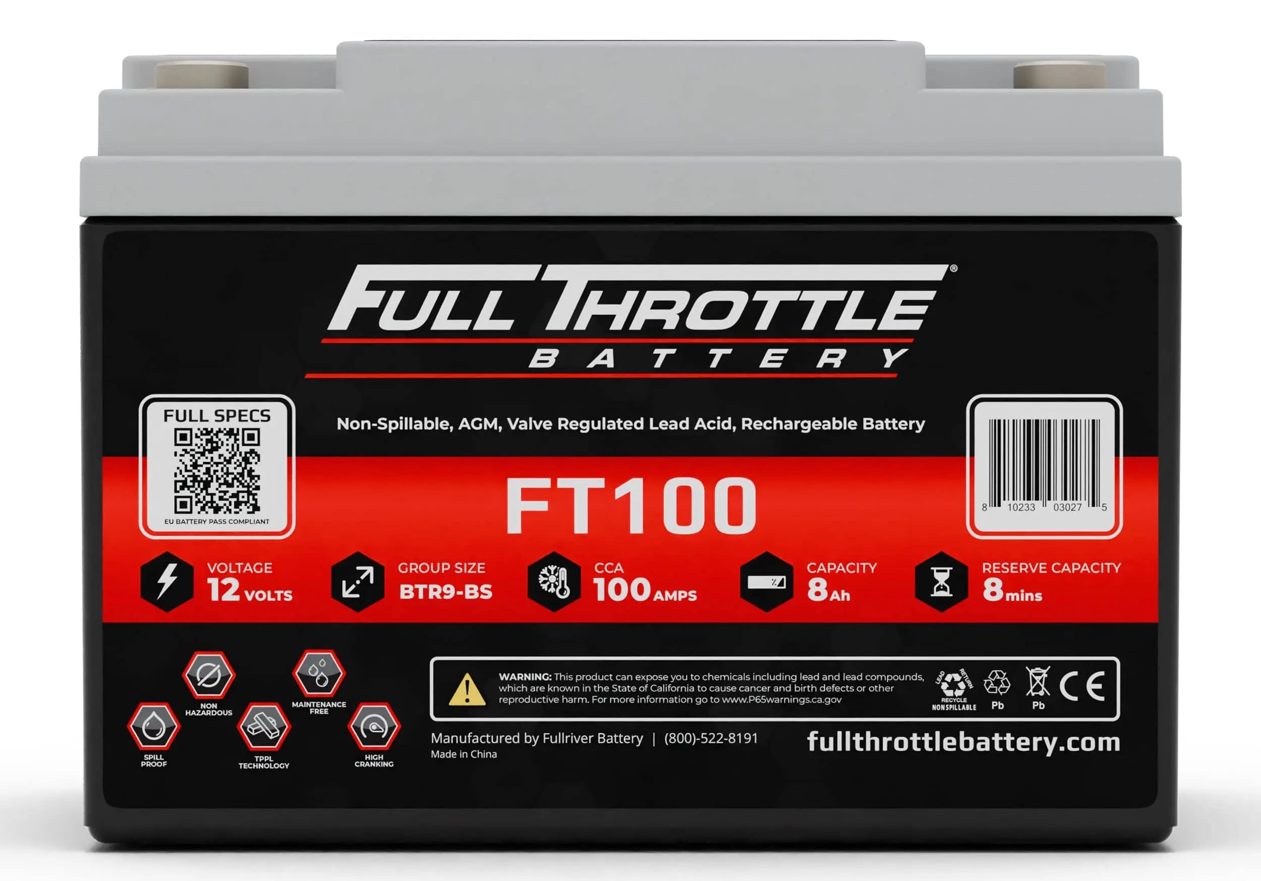 Image of a Full Throttle FT100 battery, 12 volts, group size BTR9-BS, 100 CCA. Features a QR code, bar code, and various icons. Made in China.