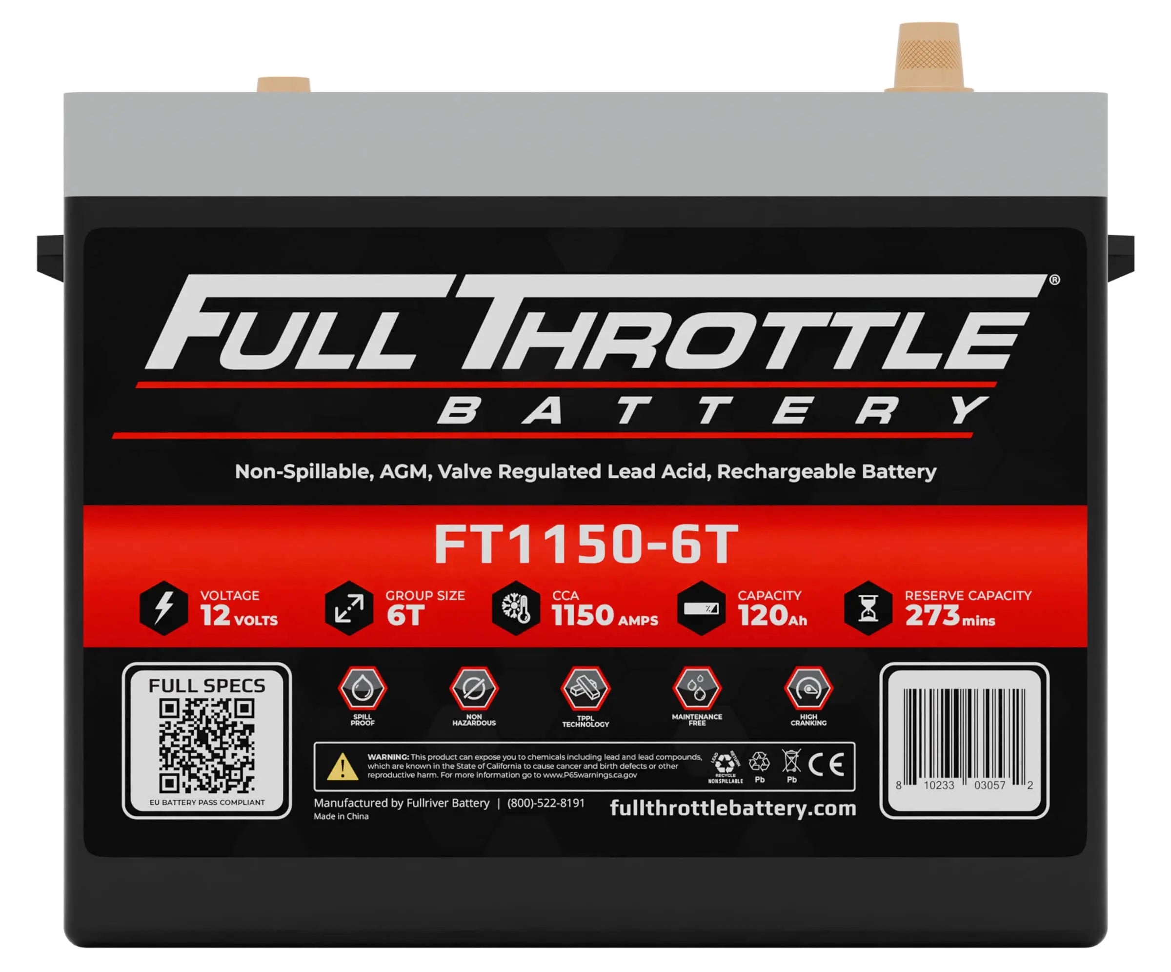 A Full Throttle Battery with labels indicating 12 volts, group size 6T, 1150 CCA, 120 Ah capacity, and 273-minute reserve.