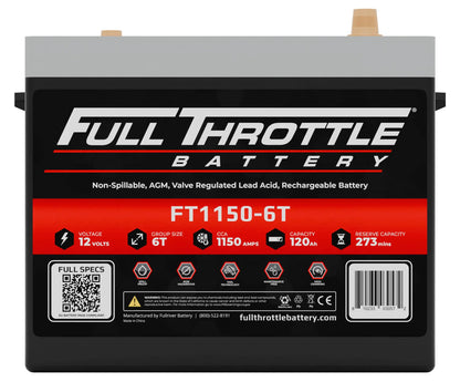 A Full Throttle Battery with labels indicating 12 volts, group size 6T, 1150 CCA, 120 Ah capacity, and 273-minute reserve.