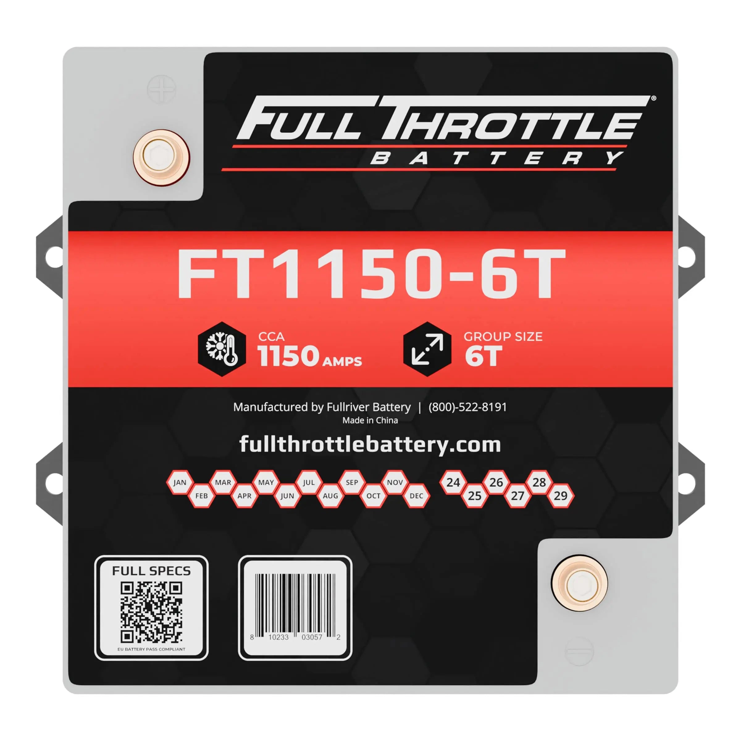 Full Throttle Battery FT1150-6T; 1150 amps; group size 6T; manufactured by Fullriver Battery.