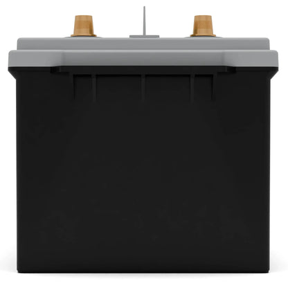 A black rectangular car battery with a gray top and two brass terminals.