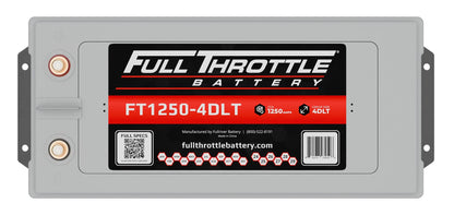 A Full Throttle Battery model FT1250-4DLT with a labeled cover featuring specs, QR code, and contact info.