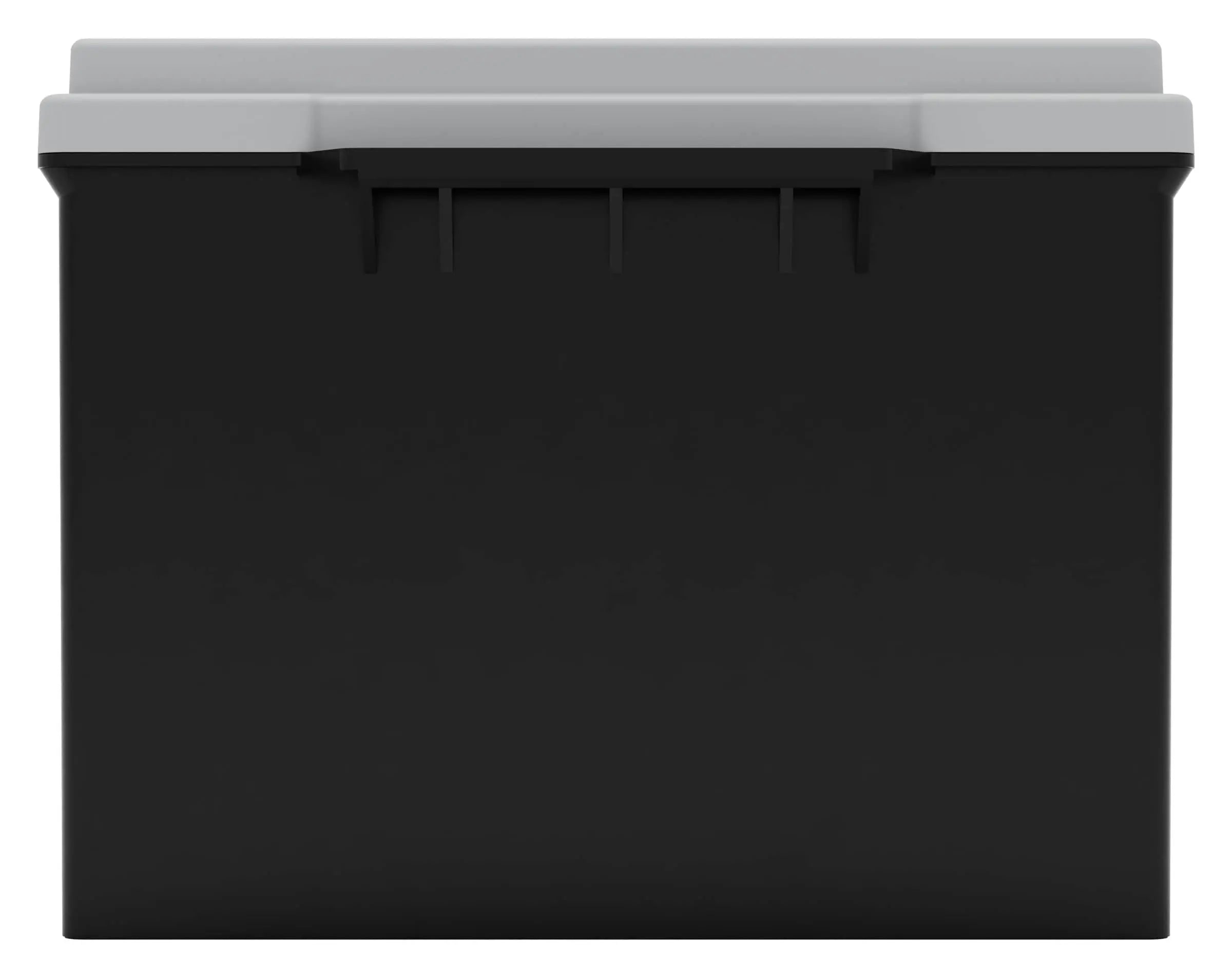Black and gray plastic storage bin with a lid, viewed from the front.