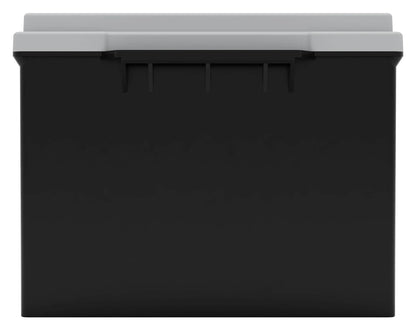 Black and gray plastic storage bin with a lid, viewed from the front.