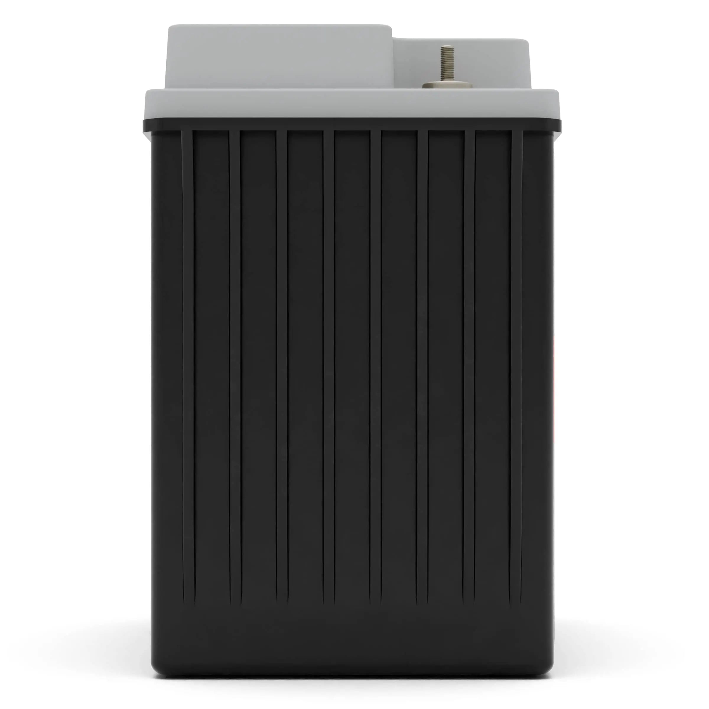 A black rectangular battery with vertical grooves and a gray top featuring a visible terminal.