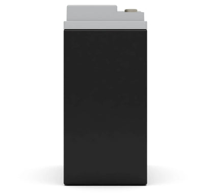 Front view of a rectangular black battery with a gray top and a single terminal on the right.