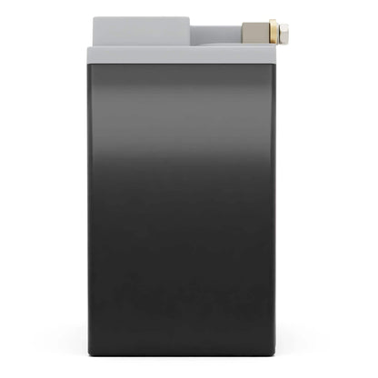 A rectangular, gray-black battery with a metallic terminal on top, viewed from the front against a white background.