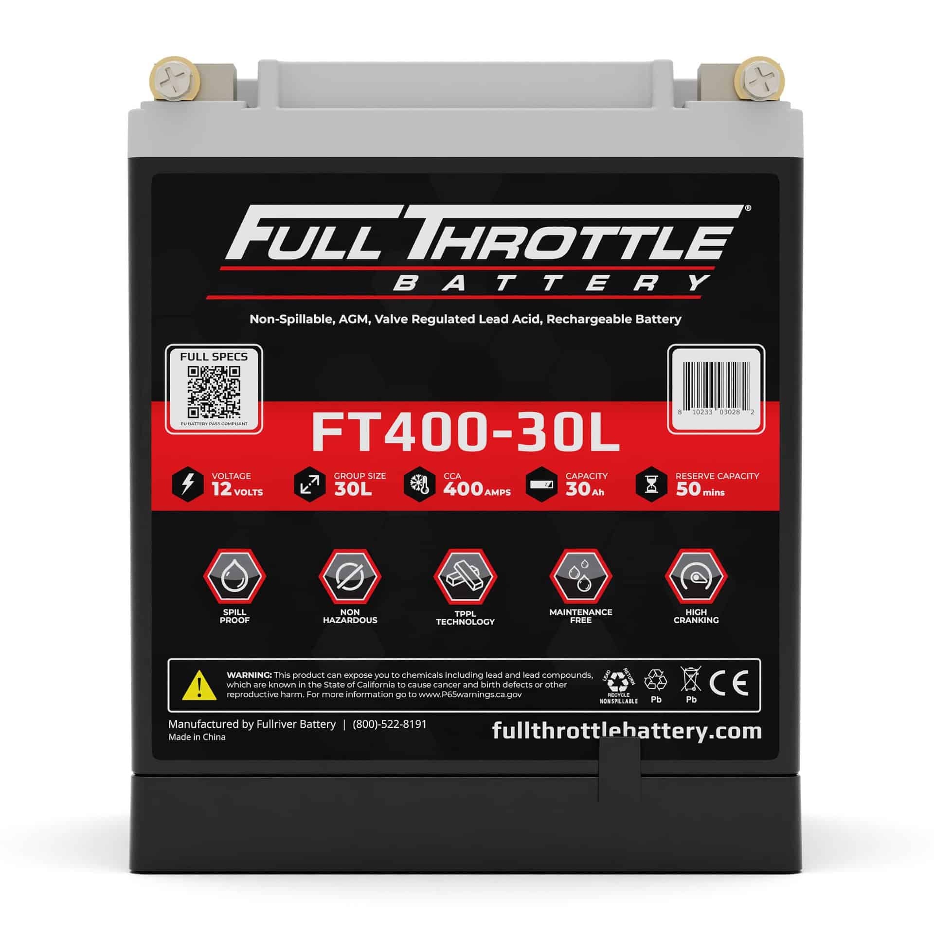 Full Throttle FT400-30L Display Dummy – Exact replica of the FT400-30L battery for product display or test fitment, without lead or AGM material.