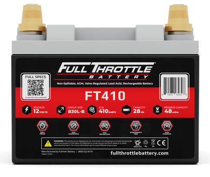 Image of a Full Throttle FT410 battery showing its specifications: 12 volts, group size B30L-B, 410 amps CCA, 28 Ah capacity, and 48-minute reserve capacity.