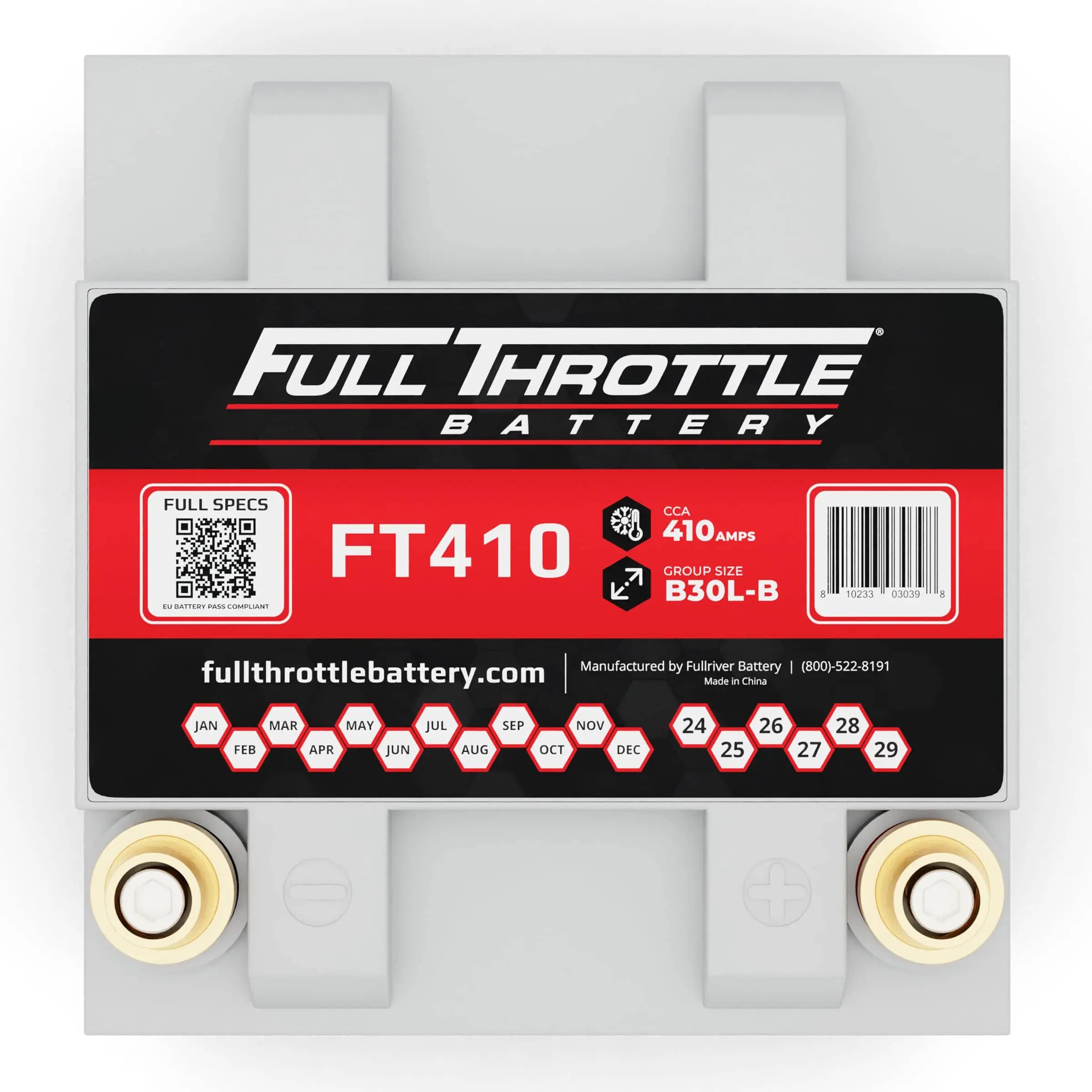 Overhead view of a Full Throttle battery, model FT410, with red and black labeling, showing terminal posts and various specifications.
