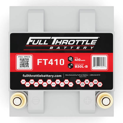 Overhead view of a Full Throttle battery, model FT410, with red and black labeling, showing terminal posts and various specifications.