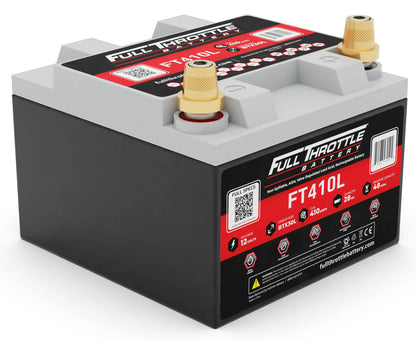 A black Full Throttle FT410L battery with red and black labeling, featuring gold terminals and specifications displayed on the front.