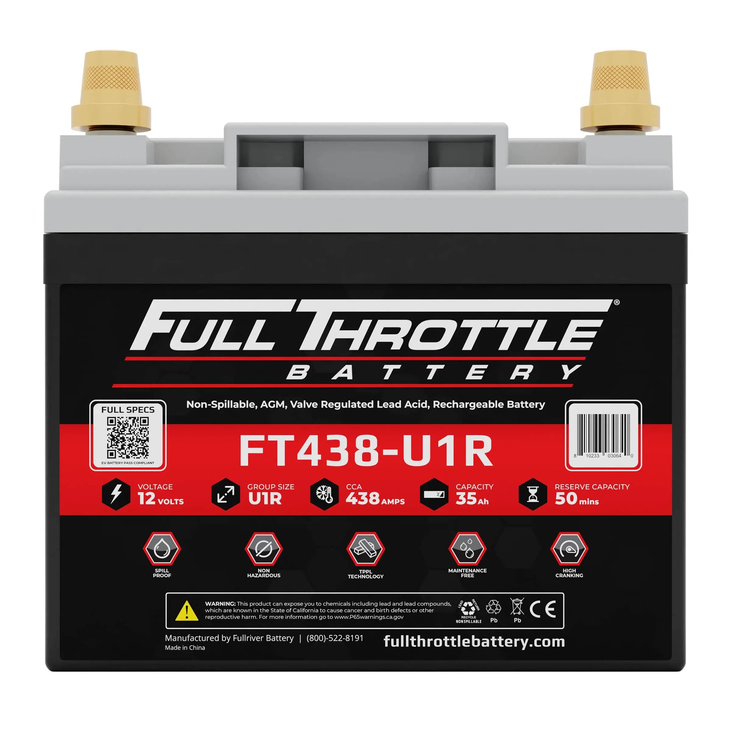 Black Full Throttle battery with red label displaying model FT438-U1R. Specs: 12 volts, 438 amps, 35 Ah capacity, U1R group size, 50 minutes reserve.