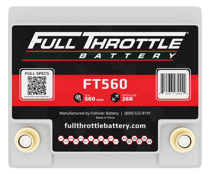 Close-up of a Full Throttle battery, model FT560, with specifications: 560 amps, Group Size 26R. Features visible branding and a barcode.