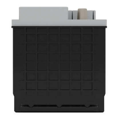 A square, black and gray plastic cartridge with a grid pattern on the front and a connector on top.