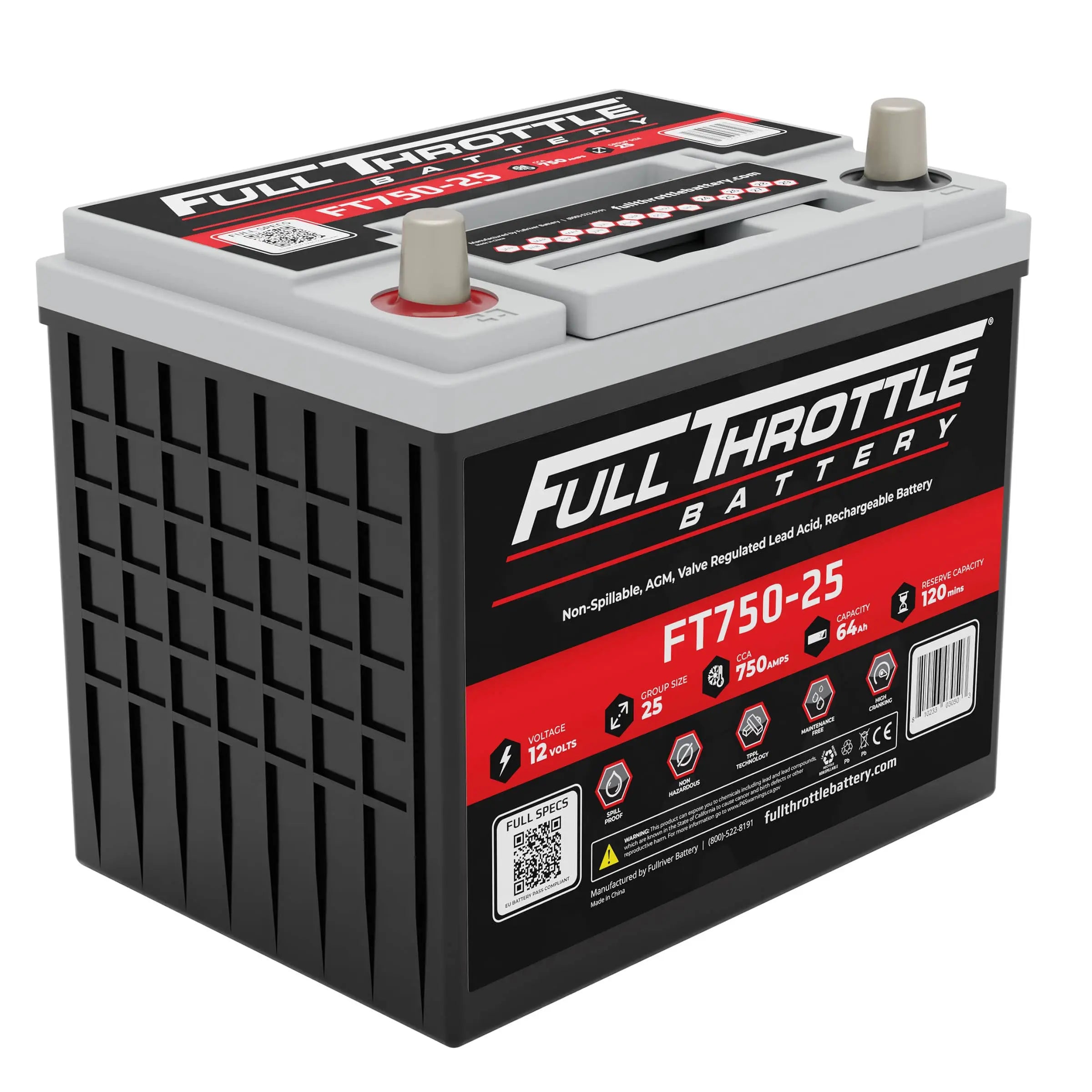 Black Full Throttle battery model FT750-25 with red and white labeling, featuring specifications and logos on the sides.