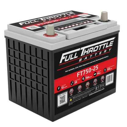 Black Full Throttle battery model FT750-25 with red and white labeling, featuring specifications and logos on the sides.