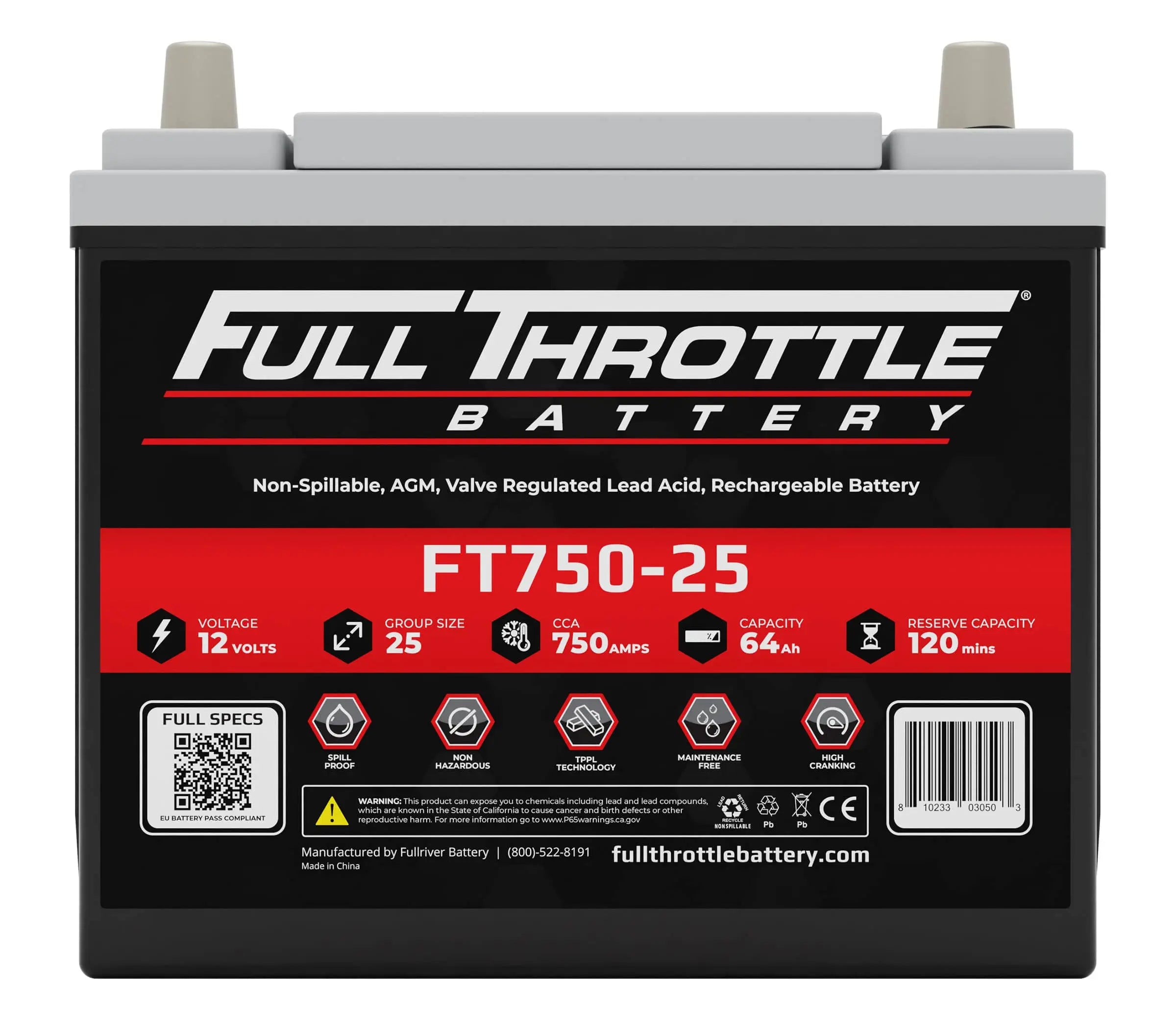 Image of a Full Throttle battery, model FT750-25. Features include 12 volts, 25 group size, 750 CCA, 64 Ah capacity, and 120 mins reserve capacity.