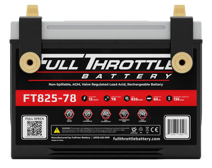 A Full Throttle FT825-78 battery, labeled as non-spillable, AGM, valve regulated lead acid, and rechargeable with full specs displayed on the front.