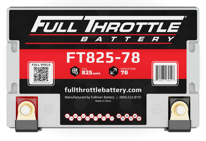 Image of a Full Throttle FT825-78 battery with specifications: CCA 825 amps, Group Size 78. Includes QR code and contact details.