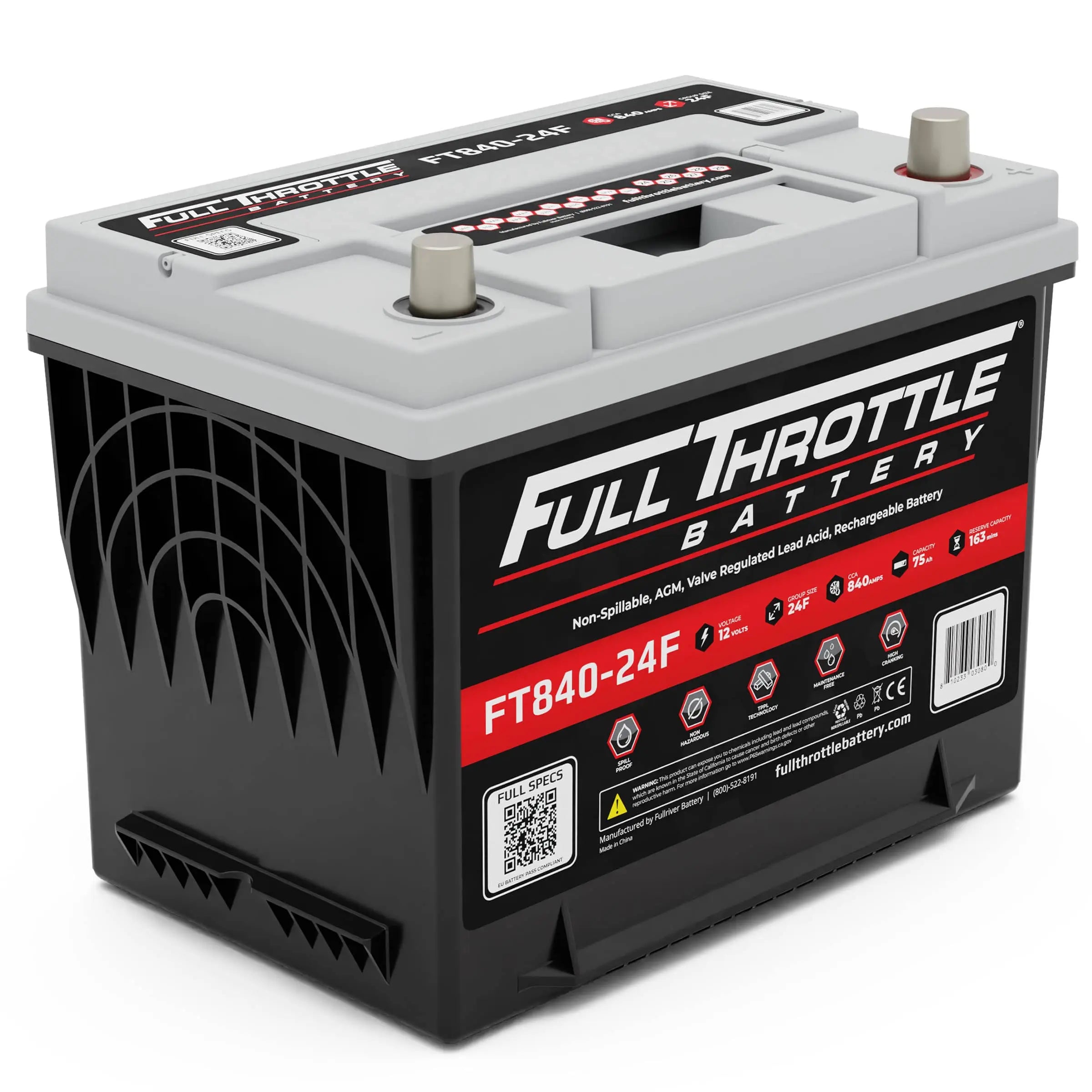 A Full Throttle lead acid battery labeled FT840-24F with red and black branding and a gray top.