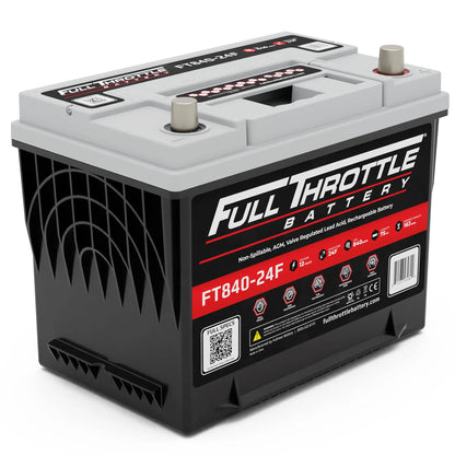 A Full Throttle lead acid battery labeled FT840-24F with red and black branding and a gray top.