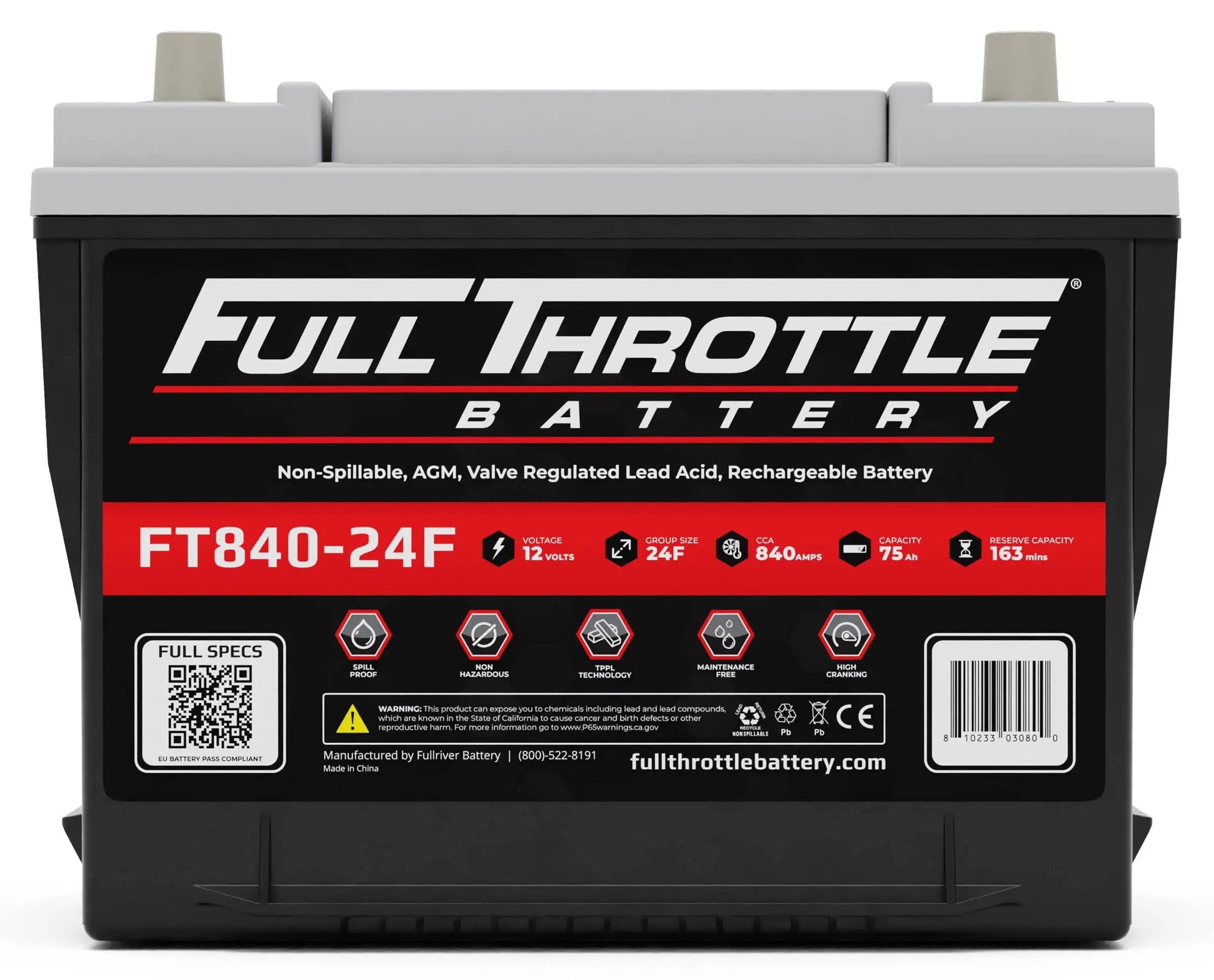 A Full Throttle Battery with specifications including 12 volts, 24F group size, 840 cold cranking amps, and a reserve capacity of 163 minutes.