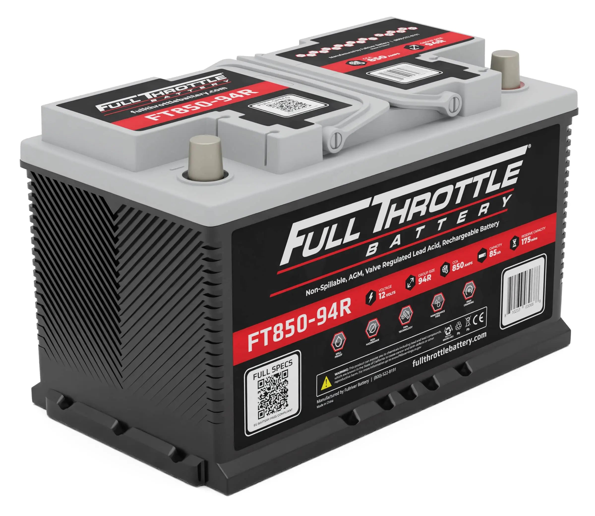 A black and gray Full Throttle car battery with model number FT850-94R printed on the side, featuring QR codes and various specifications on the label.