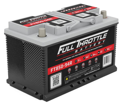 A black and gray Full Throttle car battery with model number FT850-94R printed on the side, featuring QR codes and various specifications on the label.