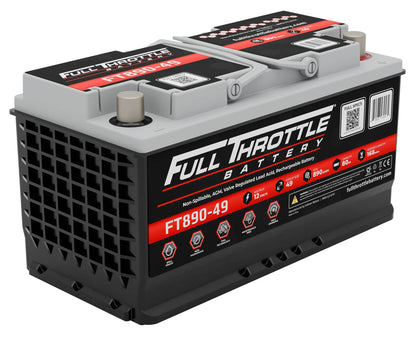 Car battery labeled "Full Throttle Battery FT890-49" with specifications and safety icons on the side.