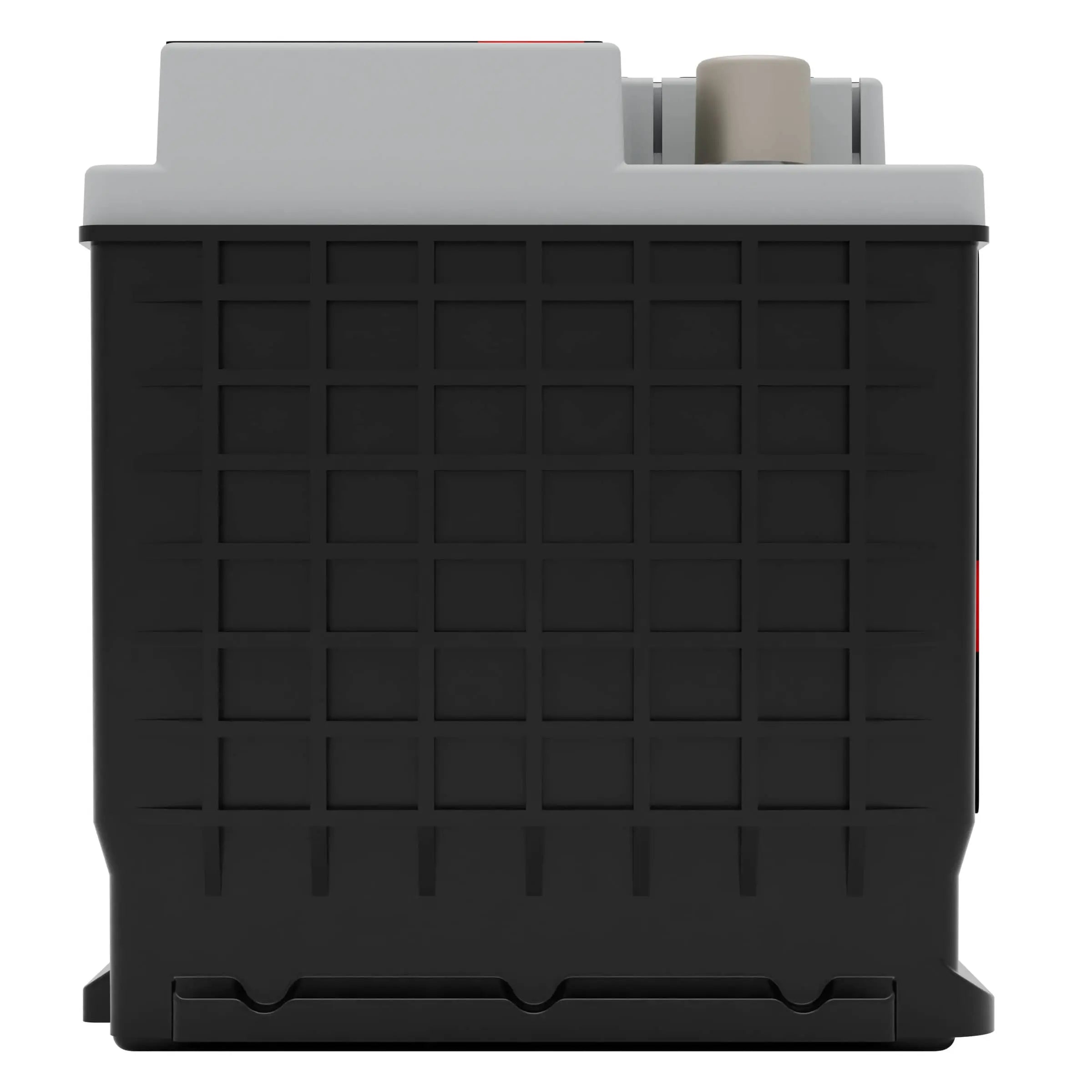 A black and gray rectangular battery with a grid pattern on the front, viewed from the side.