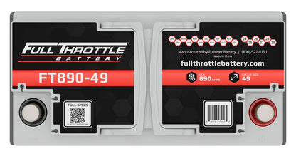 A Full Throttle battery with red and black labels, part number FT890-49, showing specifications like CCA 890 amps and group size 49, with a QR code on the front.