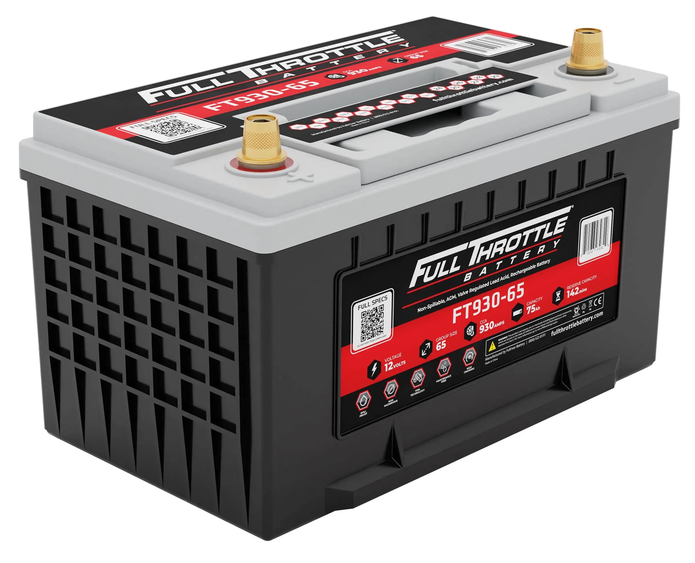 Car battery labeled "Full Throttle Battery FT930-65" featuring specifications and a QR code on the top label.
