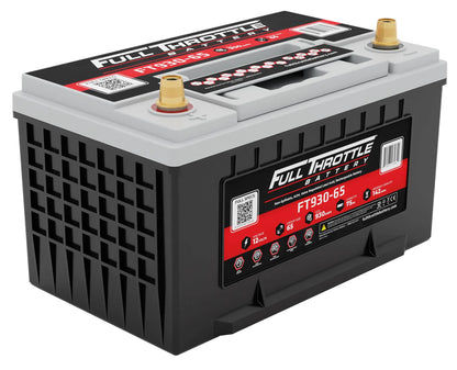 Car battery labeled "Full Throttle Battery FT930-65" featuring specifications and a QR code on the top label.