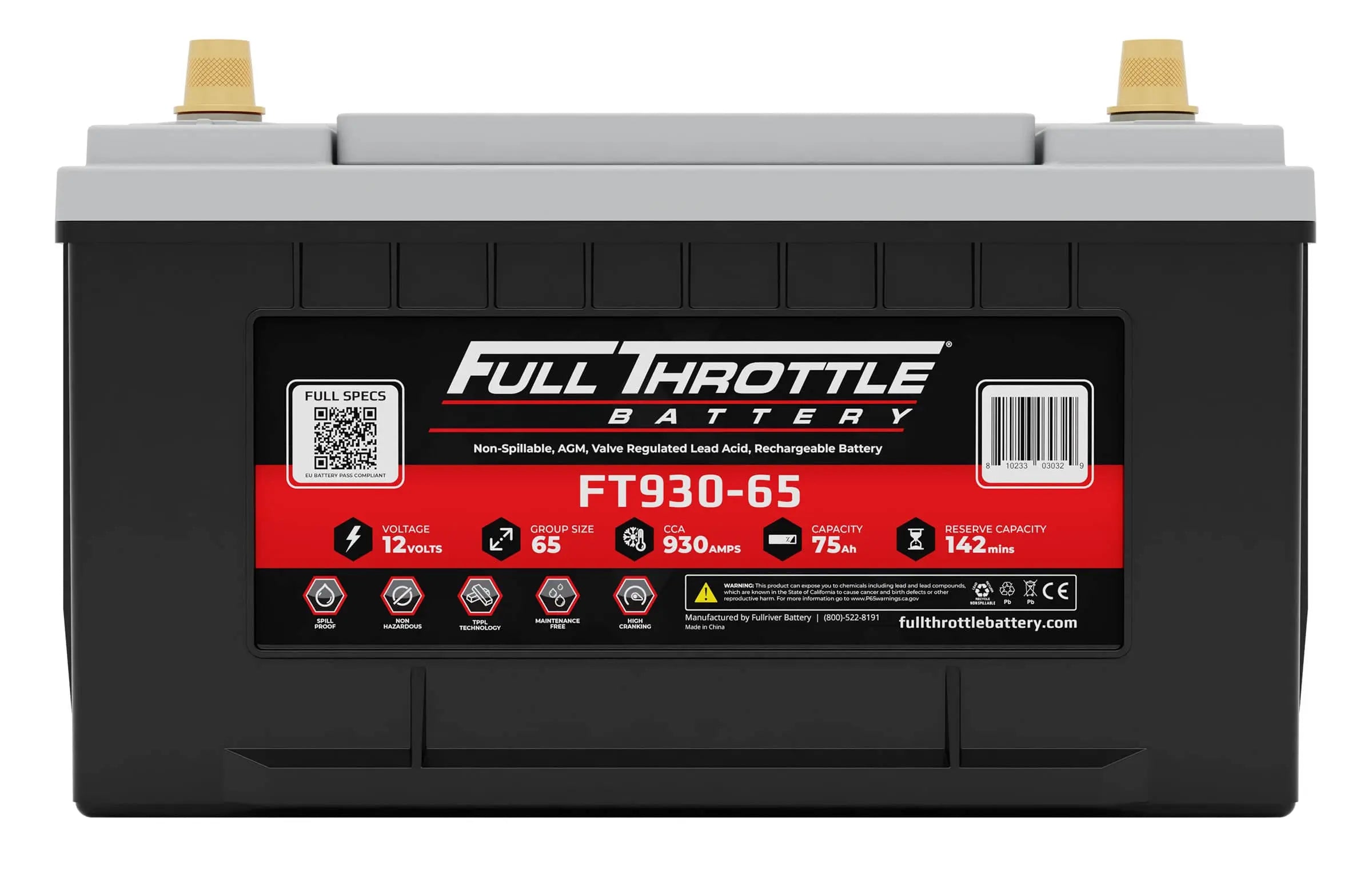 Front view of a Full Throttle Battery FT930-65 showing label details, including voltage (12V), CCA (930), and reserve capacity (75 minutes).