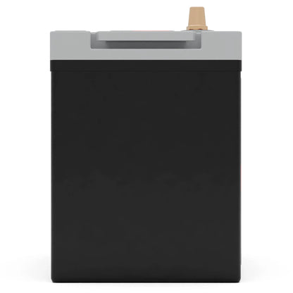 A black rectangular battery with a gray top and a yellow terminal connector on a white background.