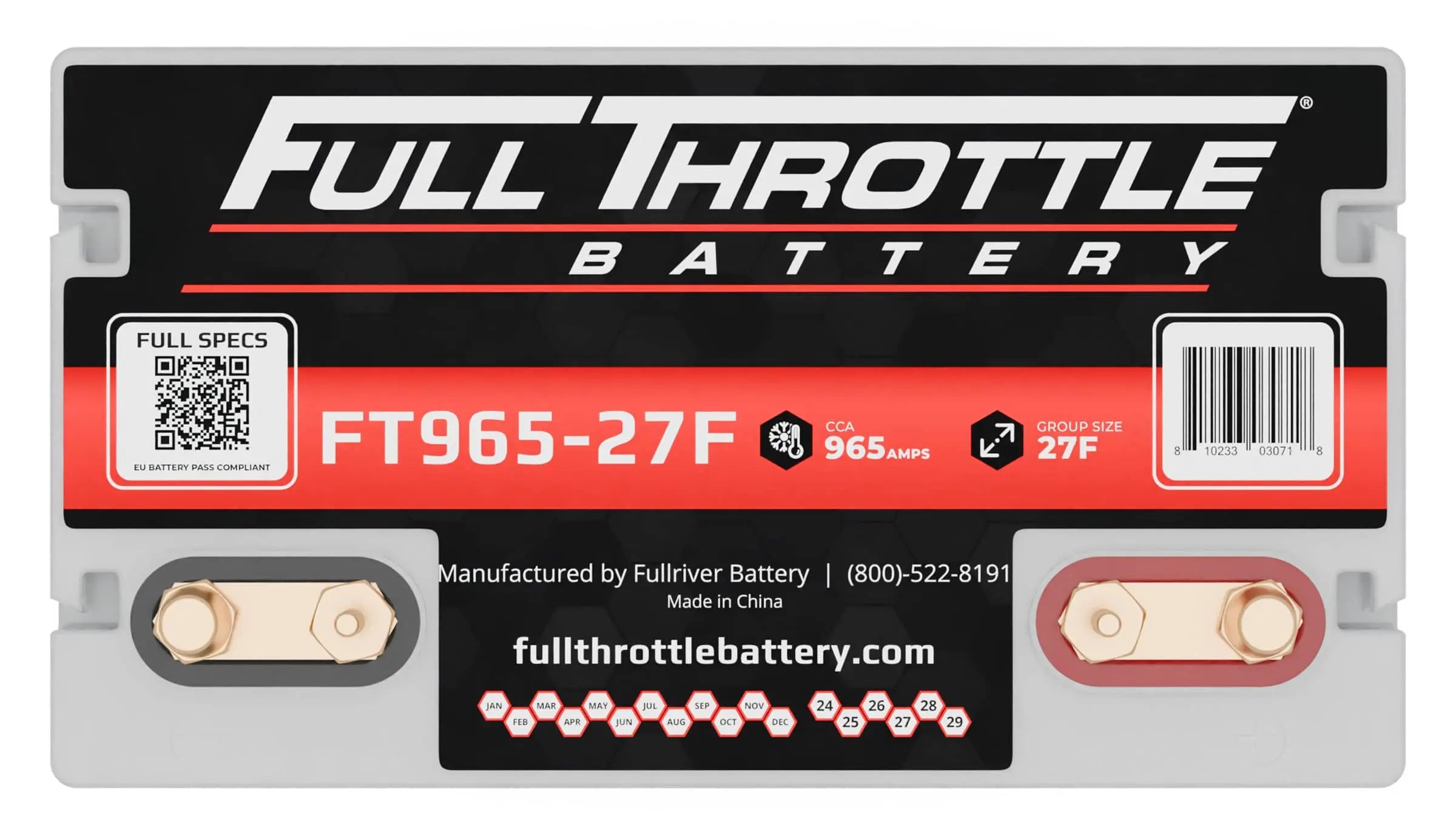 Front view of a Full Throttle Battery model FT965-27F with specifications label, including CCA 965 amps and Group Size 27F.