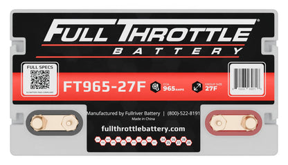 Front view of a Full Throttle Battery model FT965-27F with specifications label, including CCA 965 amps and Group Size 27F.