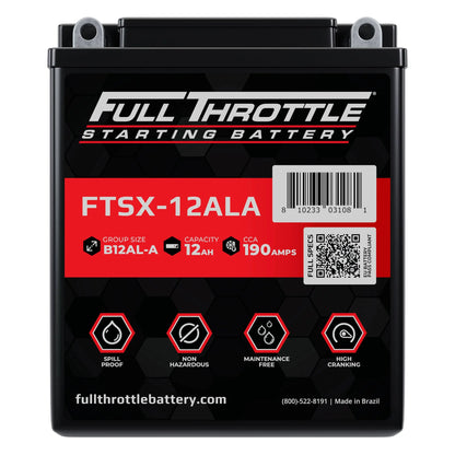 Full Throttle starting battery with model FTSX-12ALA. Features: 12Ah capacity, 190 amps, spill-proof, non-hazardous, maintenance-free, high cranking. Made in Brazil.