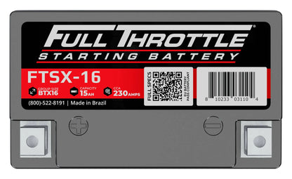 Full Throttle starting battery, model FTSX-16, 15Ah capacity, 230 CCA, group size BTX16, made in Brazil, with barcode and QR code visible.
