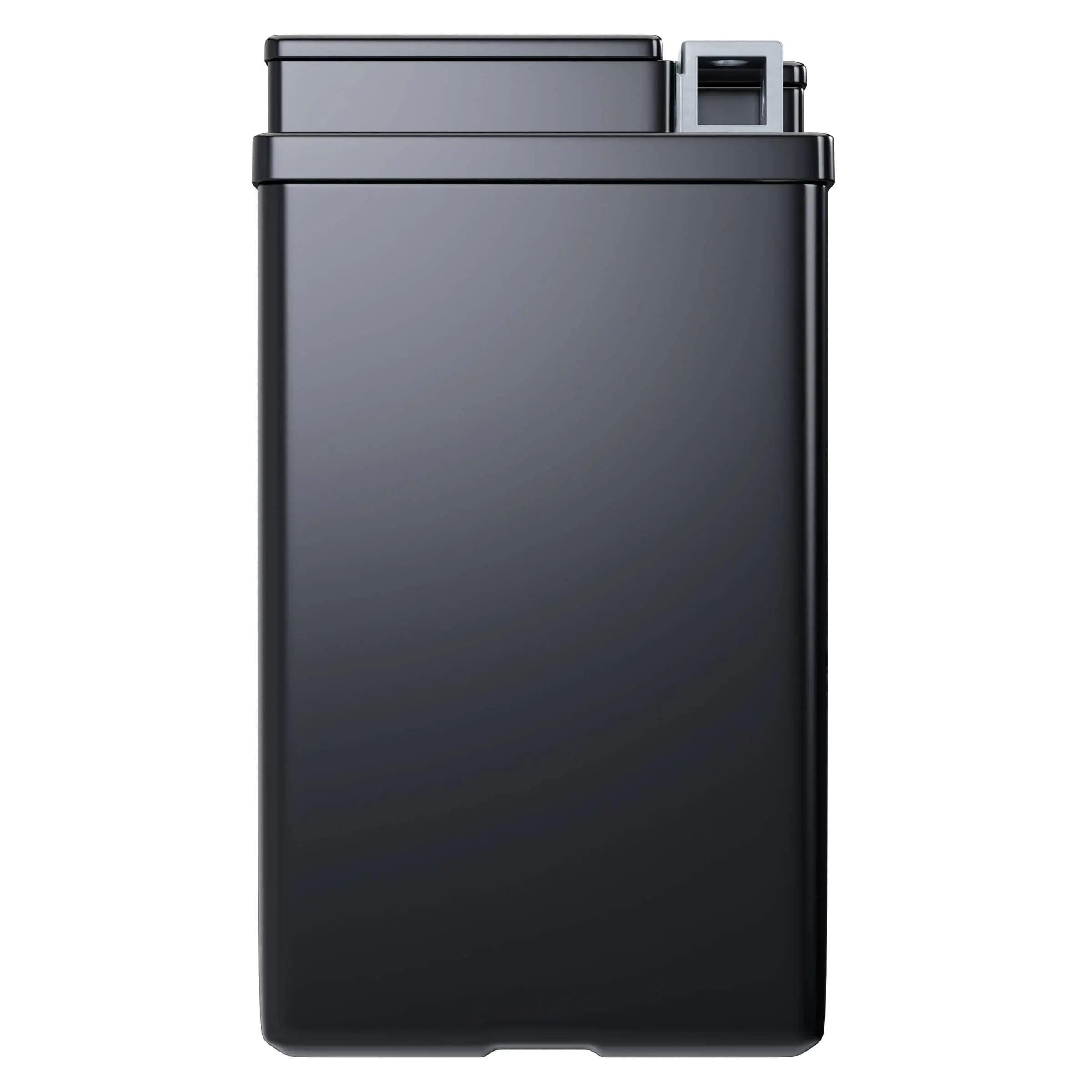 Tall, rectangular black trash can with a foot pedal on one side.