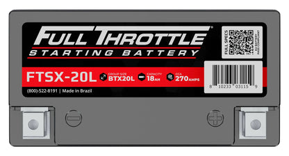 Image of a Full Throttle starting battery, model FTSX-20L, with a capacity of 18Ah and 270 amps, made in Brazil.