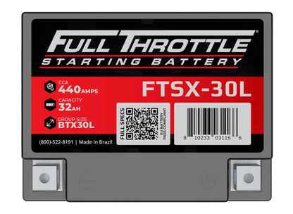 Image of a Full Throttle starting battery, model FTSX-30L, with 440 CCA, 32Ah capacity, and group size BTX30L. Includes a QR code and product information label. Made in Brazil.