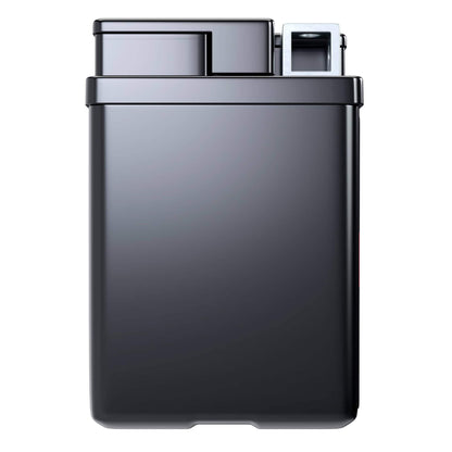 A sleek, black rectangular vape device, shown vertically with a flip-top lid.