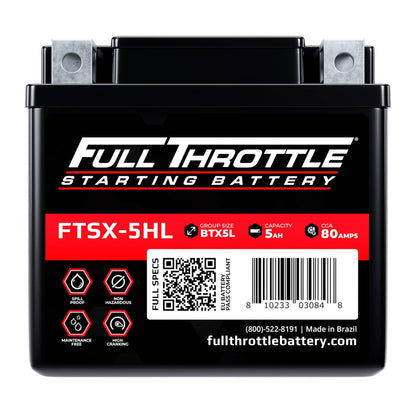 Close-up of a Full Throttle starting battery, model FTSX-5HL, showing specifications and a barcode.