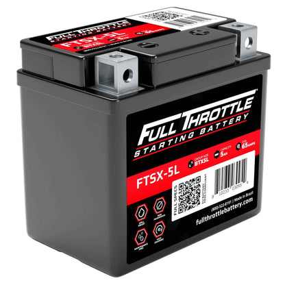A gray Full Throttle starting battery labeled FTSX-5L with specifications including 5 volts and 65 amps.