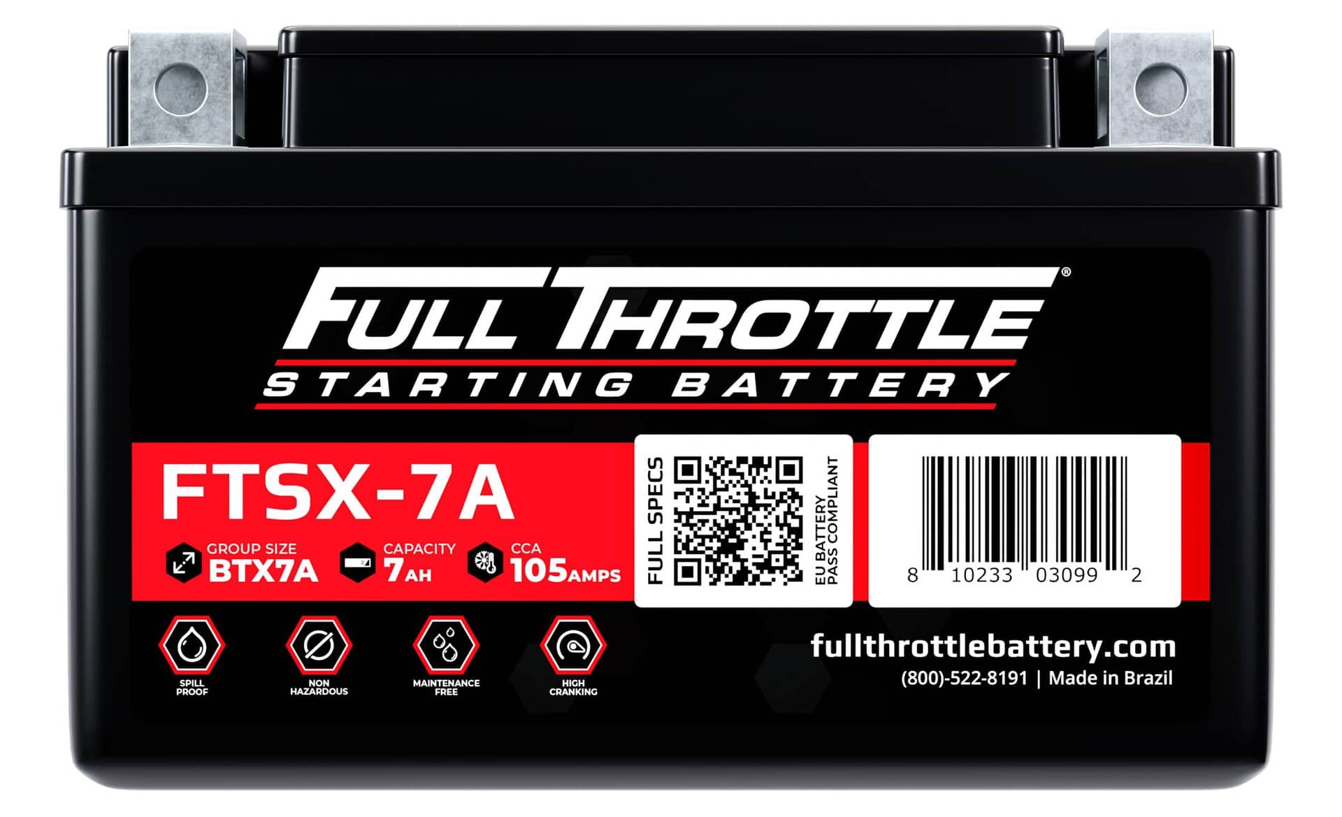 Full Throttle FTSX-7A battery with 7AH capacity, 105 CCA. Features maintenance-free design, barcode, and QR code. Made in Brazil.
