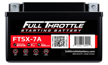 Full Throttle FTSX-7A battery with 7AH capacity, 105 CCA. Features maintenance-free design, barcode, and QR code. Made in Brazil.