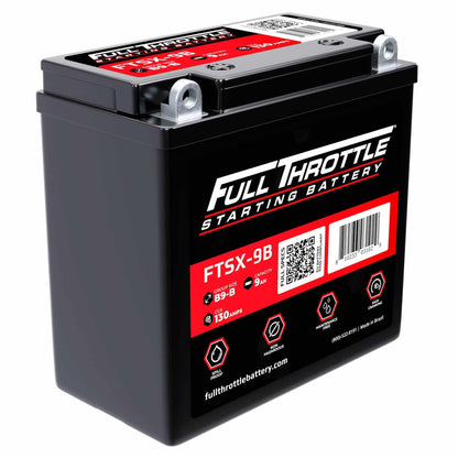 A black and red rectangular Full Throttle starting battery, model FTSX-9B, with specifications and a QR code on the front.